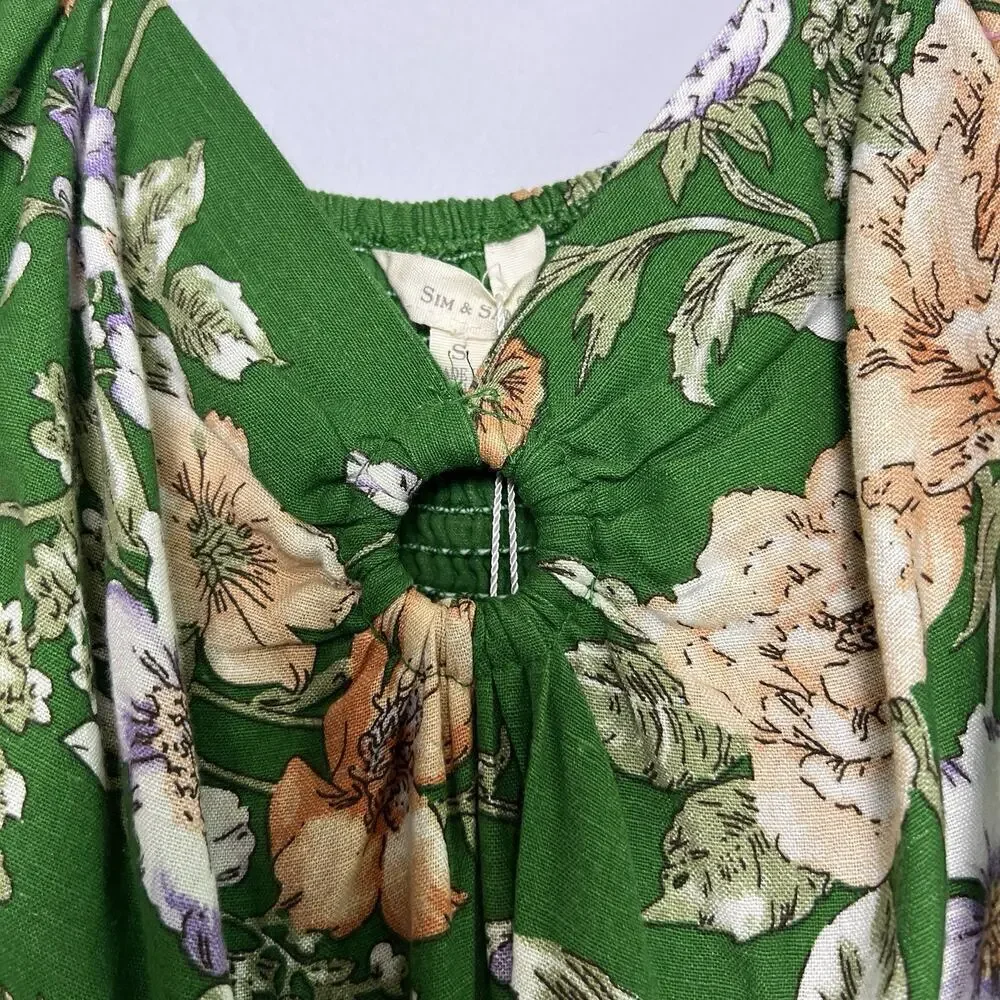 NWT Sim & Sam Dress Linen Blend Floral Sz S Ruffled Babydoll Vacation Green Boho